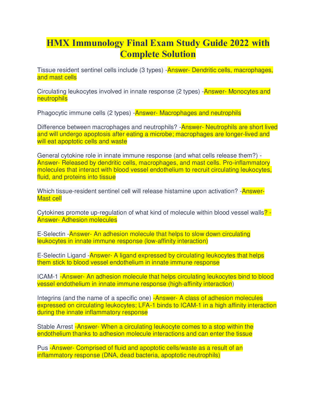 Preview image for HMX Immunology Final Exam Study Guide 2022 with Complete Solution